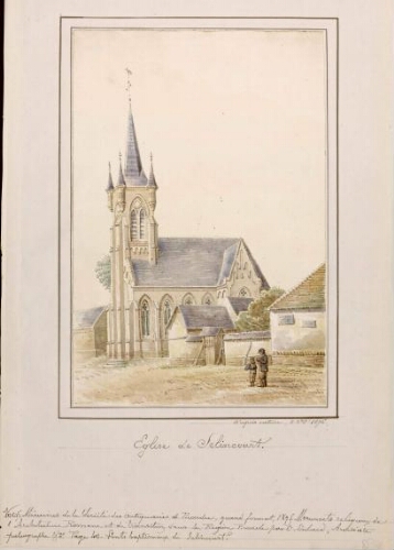 Église de Selincourt. - Aquarelle d'Oswald Macqueron, d'après nature, 8 oct. 1876. - Nota : Selincourt est une ancienne commune française située dans le département de la Somme. de puis 1972, elle est associée à la commune d’Hornoy-le-Bourg, comme les communes de Tronchoy, Lincheux-Hallivillers, Orival, Gouy-L’Hôpital et Boisrault.