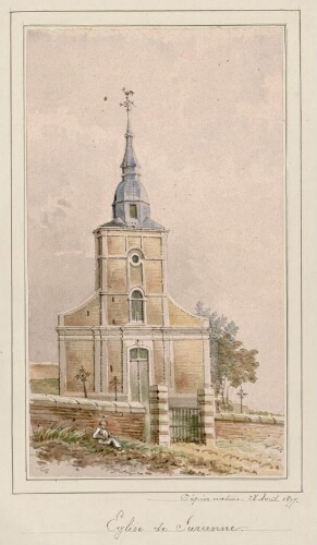 Église de Suzanne. - Aquarelle d'Oswald Macqueron, d'après nature, 28 avril 1877.