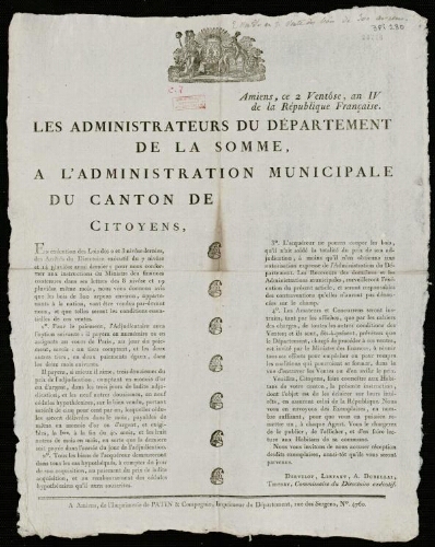 affiche révolutionnaire Les Administrateurs du Département de la Somme, à l'Administration municipale du Canton de sans la lettre. Amiens, ce 2 Ventôse, an IV de la République Française.