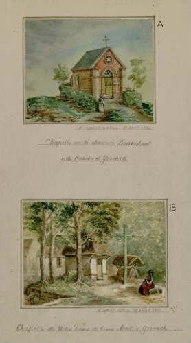 A) Chapelle sur la chaussée Brunehaut entre Hanchy et Yvrench. - Aquarelle d'Oswald Macqueron, d'après nature, 28 août 1860. B) Chapelle de Notre-Dame de Bonne mort, à Yvrench. - Aquarelle d'Oswald Macqueron, d'après nature, 25 août 1860.