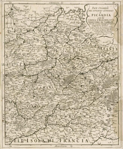 Parte orientale del Governo Generale di Picardia con la Contea d'Hanonia, et il territorio di Cambray : descritti da Giac. Cantelli da Vignola Geog. del Ser. di Mod. e dati in Luce da Domenico de Rossi Herede di Gio. Giac.° de Rossi, dalle sue Stampe in Roma alla Pace con Privil.° del S.P., e licenza de Sup. l'Anno 1695 il di primo Agusto.