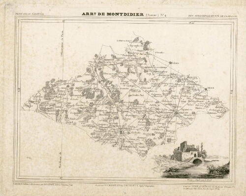 Arrondisement de Montdidier (Somme), n° 4. Extr. du "Petit Atlas national de s arrondissements de la France". Cartes publiées à 10 centimes par Blaisot, Galerie Vivienne, N°49 ; dressé par C.V. Monin et Victor Levasseur, Ingén. Géographes ; gravé sur acier par Alès, rue des Mathurins St Jacques, n°1 ; la lettre par Abel Malo, rue des Noyers, n°52.