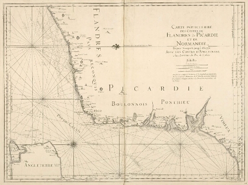 Carte particulière des costes de Flandres, de Picardie et de Normandie, depuis Nieuport jusqu'à Dieppe. Avec les costes d'Angleterre aux environs du Pas de Calais : en 1752, on a corrigé la graduation de la longitude qui etoit fautive, et l'on a suivi les observations de Mrs Maraldy et Cassini résultantes des principaux triangles servants a la description géographique de la France. - Ecrit par C. Berey, rue St Jacques.