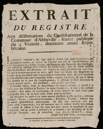 affiche révolutionnaire Extrait du Registre aux délibérations du Conseil-Général de la Commune d'Abbeville, séance publique du 4 Ventôse, de uxième année Républicaine.